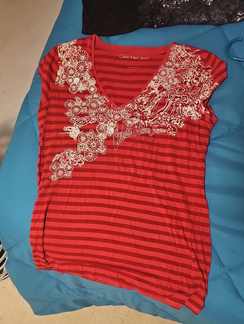 Calvin Klein Jeans Red Striped V-Neck Tee with White Floral Detail